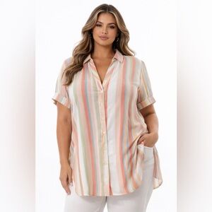 EVRI Multicolor Stripe Button Front Blouse Tunic Coastal Resort Boho Plus 1X